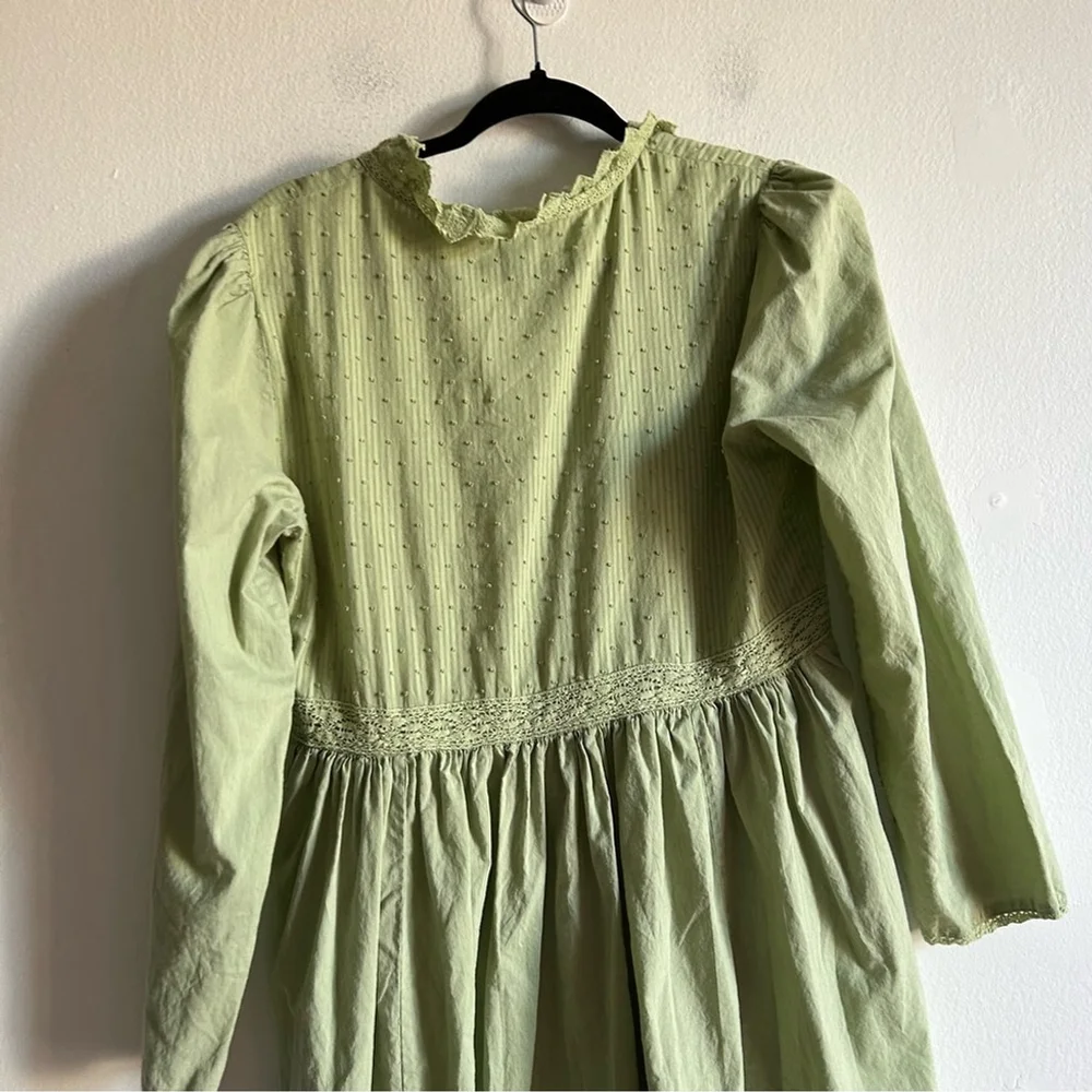 April Cornell Sz XS Green Dainty Long Sleeves Cotton Cottagecore Max Dress - Picture 7 of 13